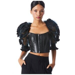 •ALICE + OLIVIA• Black Silk Fantasia Pleated Sleeve Bustier‎ Top Size 0 Cropped